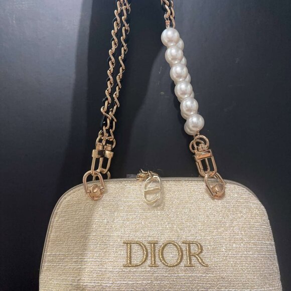 Dior Beauty Cosmetic Bag Toiletry Pouch Tan Gold *** The custom added chains - Picture 4 of 4